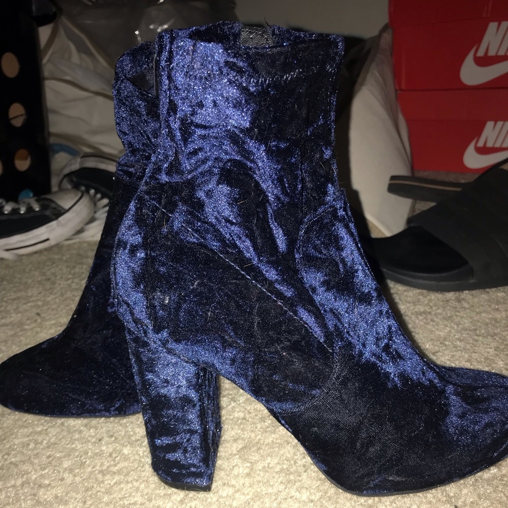Blue suede ankle booties